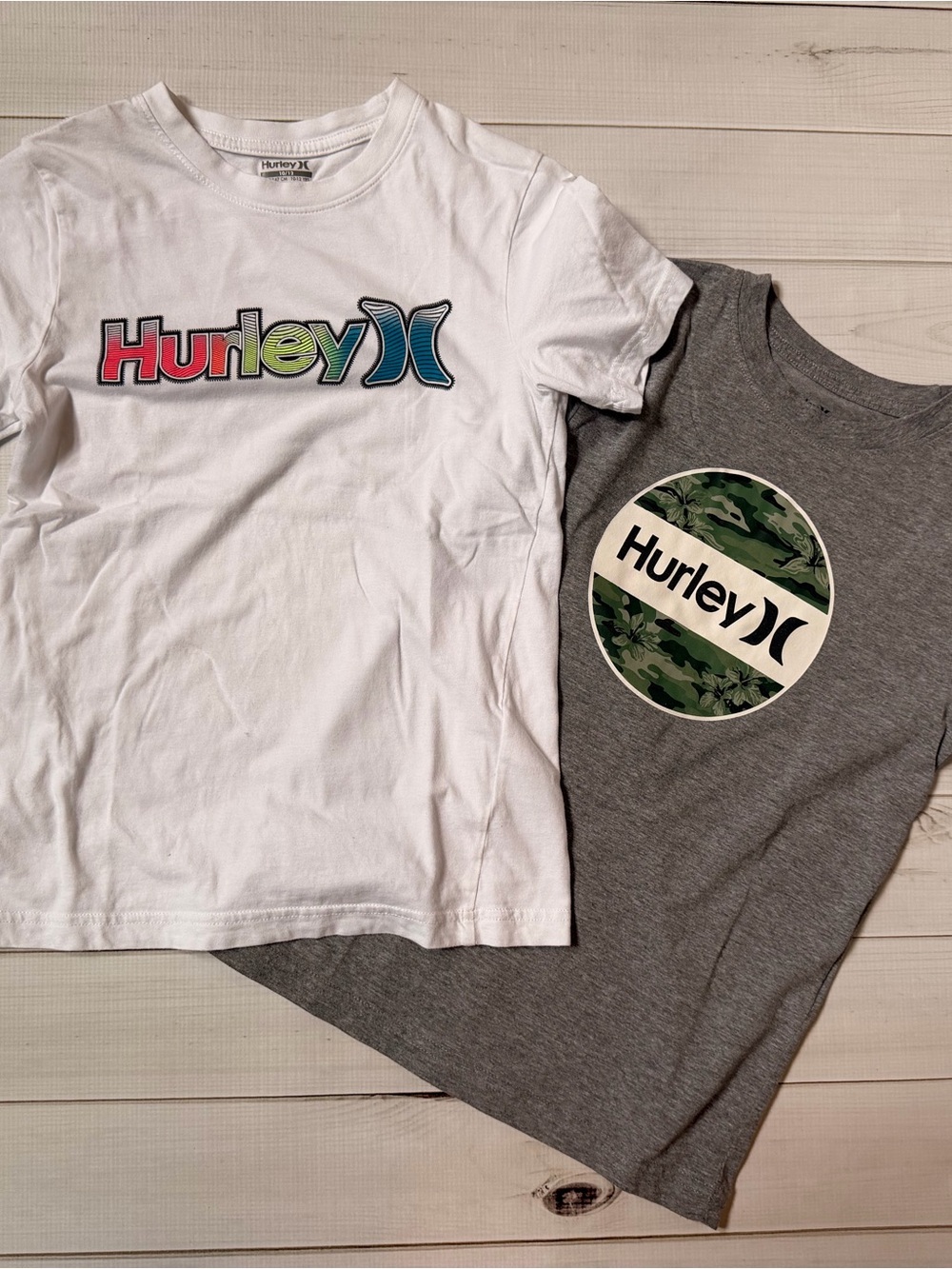 Hurley Kids White Tee with Multicolor Logo & Gray Tee with Camo Circle Logo